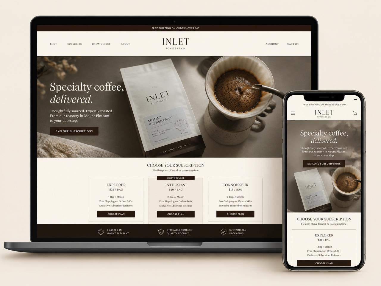 Inlet Roasters Co. ecommerce website design concept shown on desktop and mobile