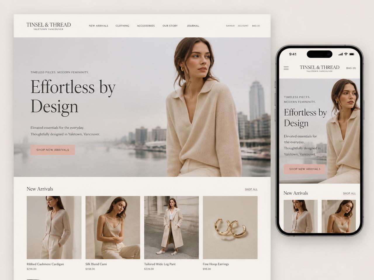 Tinsel & Thread ecommerce website design concept shown on desktop and mobile