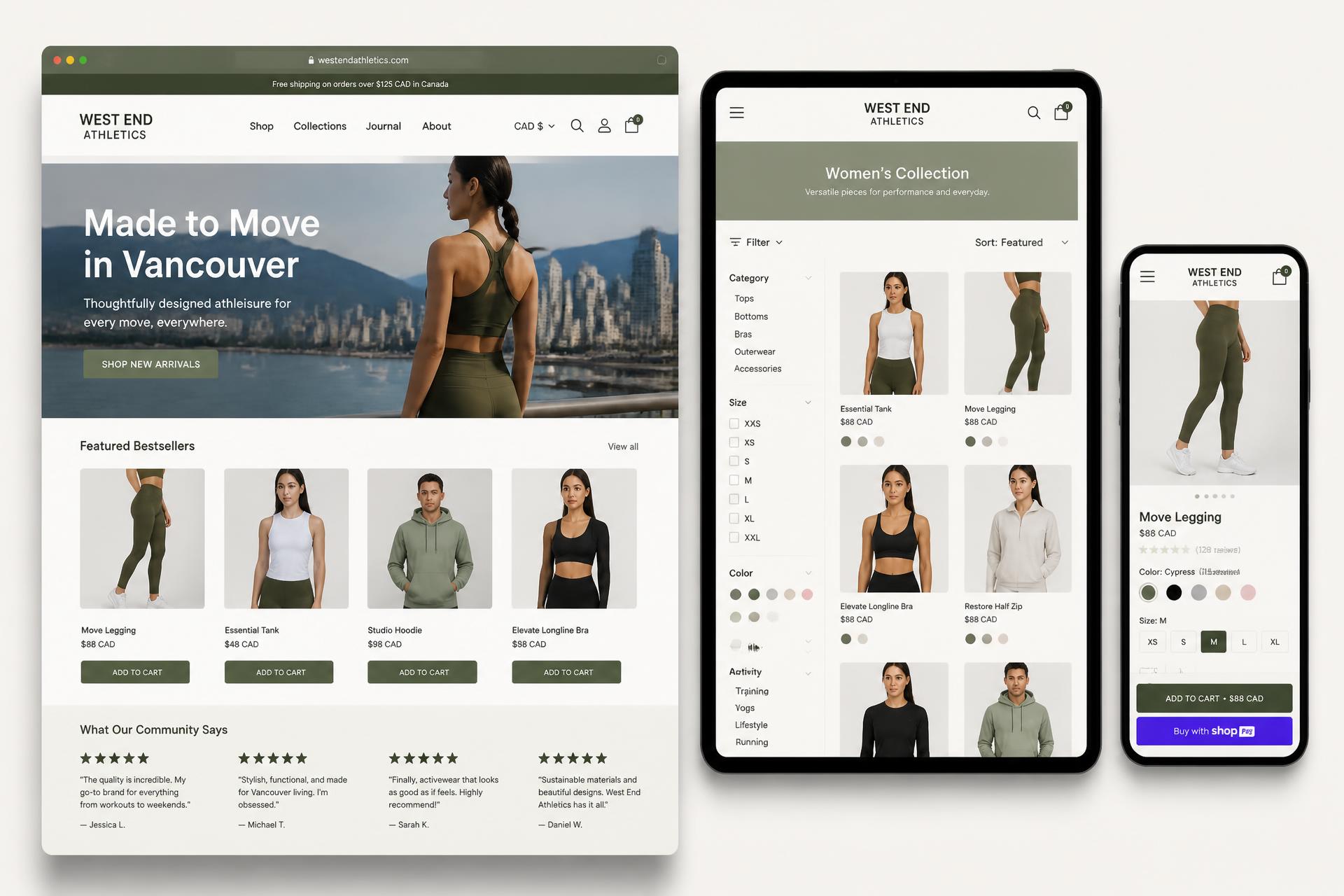 Custom Shopify web design mockup for an athleisure brand shown on desktop, tablet and mobile with a filterable collection page and express checkout.