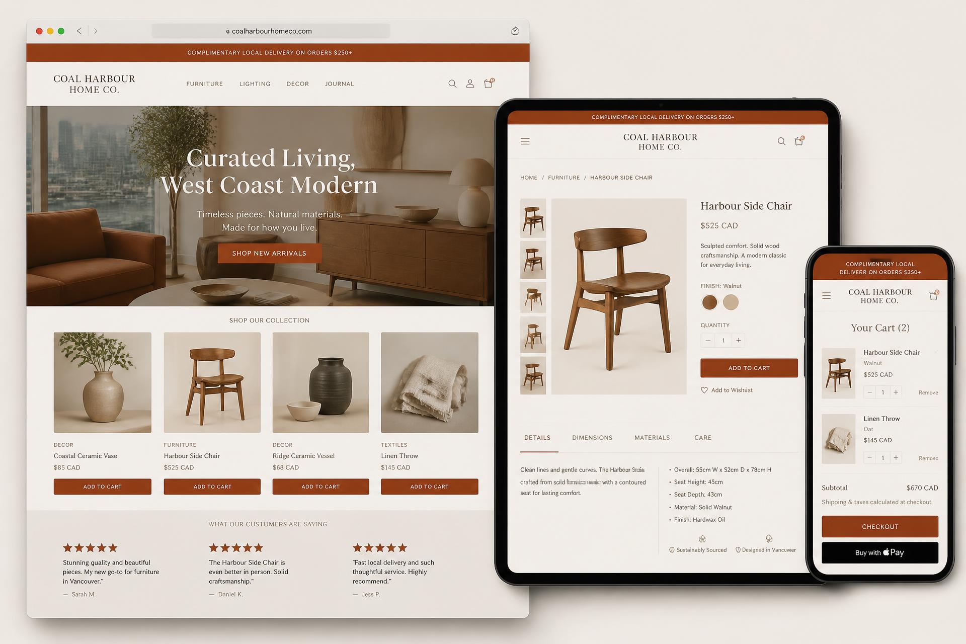 Custom Shopify store design mockup for a modern home goods brand shown on desktop, tablet and mobile with an editorial homepage and detailed product page.