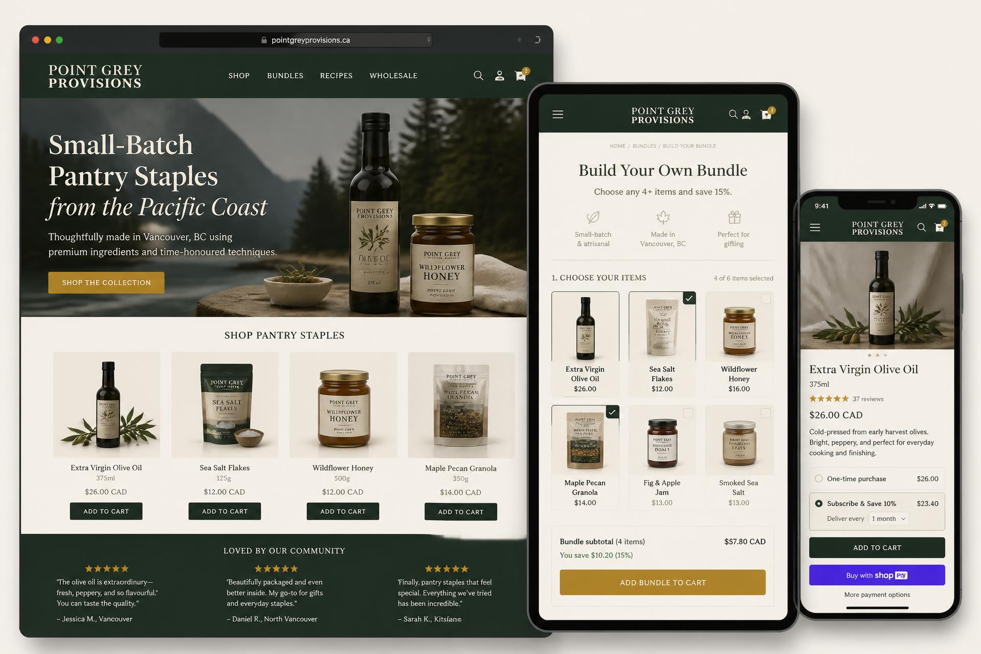 Conversion-focused Shopify design mockup for an artisan pantry brand shown on desktop, tablet and mobile with a bundle builder and subscription checkout.